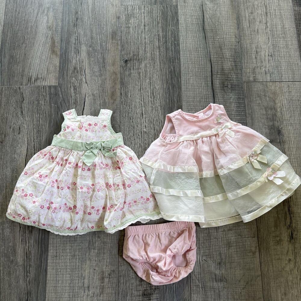 Vtg Bonnie Baby Girls Size 3-6 Months Sun Dress Lot Green Pink Floral Bloomers